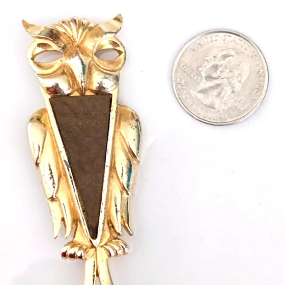 Vintage Goldtone Owl Brooch Leather Accent - Picture 9 of 9